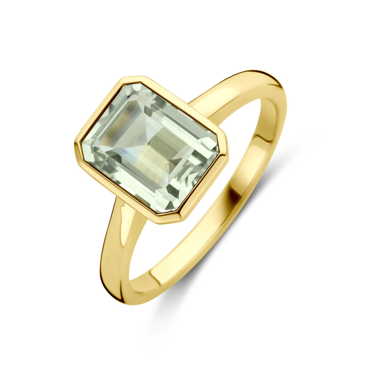 Ring aus 14K Gelbgold mit grünem Amethyst im rechteckigen Schliff