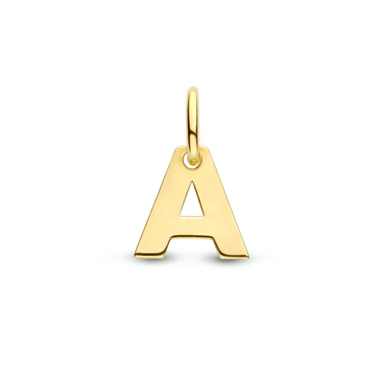 De Van der Kooij Collectie hangerletter 14K geelgoud is een A-vormige gouden hanger met een klein ringetje om aan een ketting of armband te bevestigen, afgebeeld tegen een effen witte achtergrond.