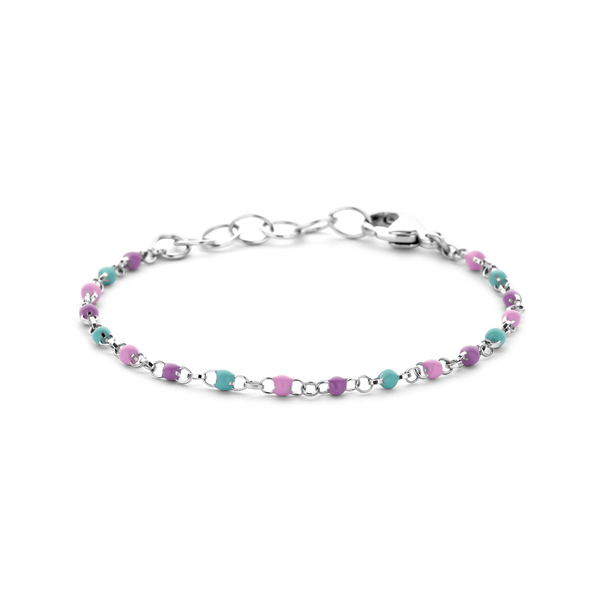 Armband aus rhodiniertem Silber mit bunten Emaille-Kugeln in Pink und Türkis, 11 + 2 cm lang