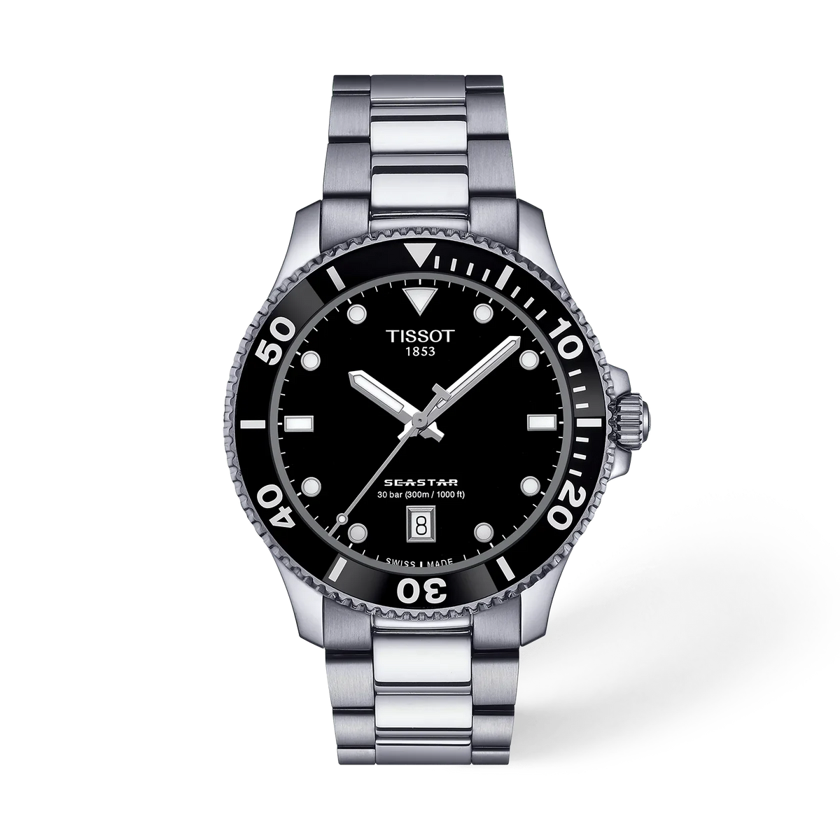 Tissot Seastar 1000 mit schwarzem Zifferblatt, Edelstahl-Gehäuse und -Armband, drehbare Lünette