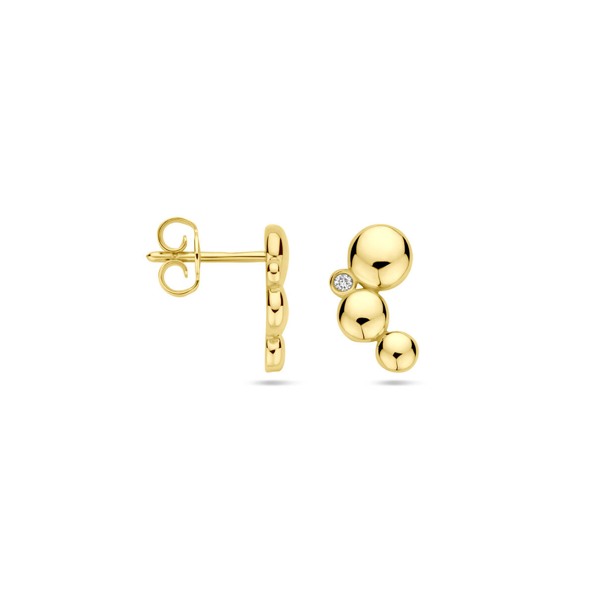 Ohrstecker aus 14K Gelbgold mit drei runden Elementen und einem kleinen Diamanten von 0,02 ct