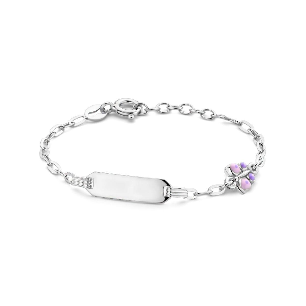 Graveerarmband aus rhodiniertem Silber mit einer flachen Platte und einem bunten Schmetterling.