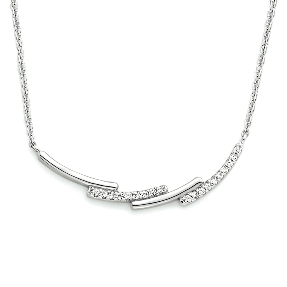 Collier aus rhodiniertem Silber mit Zirkonia, 42 + 3 cm lang, mit geschwungenen Elementen