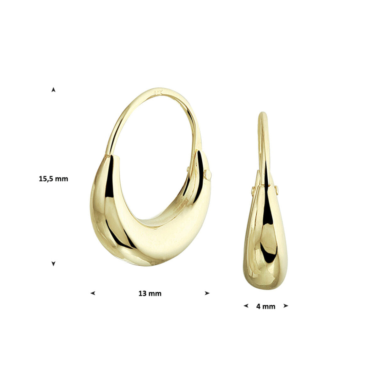 Van der Kooij Collectie oorringen 14K geelgoud: gladde druppelvormige dames sieraden, 15,5 mm hoog, 13 mm breed, 4 mm dik met een gepolijste afwerking. Afgebeeld van voren en van opzij.