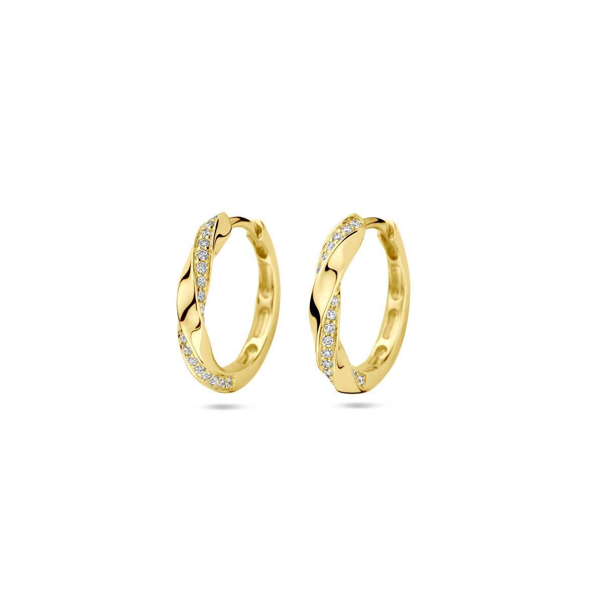 Klapp-Ohrringe aus 14K Gelbgold mit 0,20 ct Diamanten und gewelltem Design, Durchmesser 15 mm