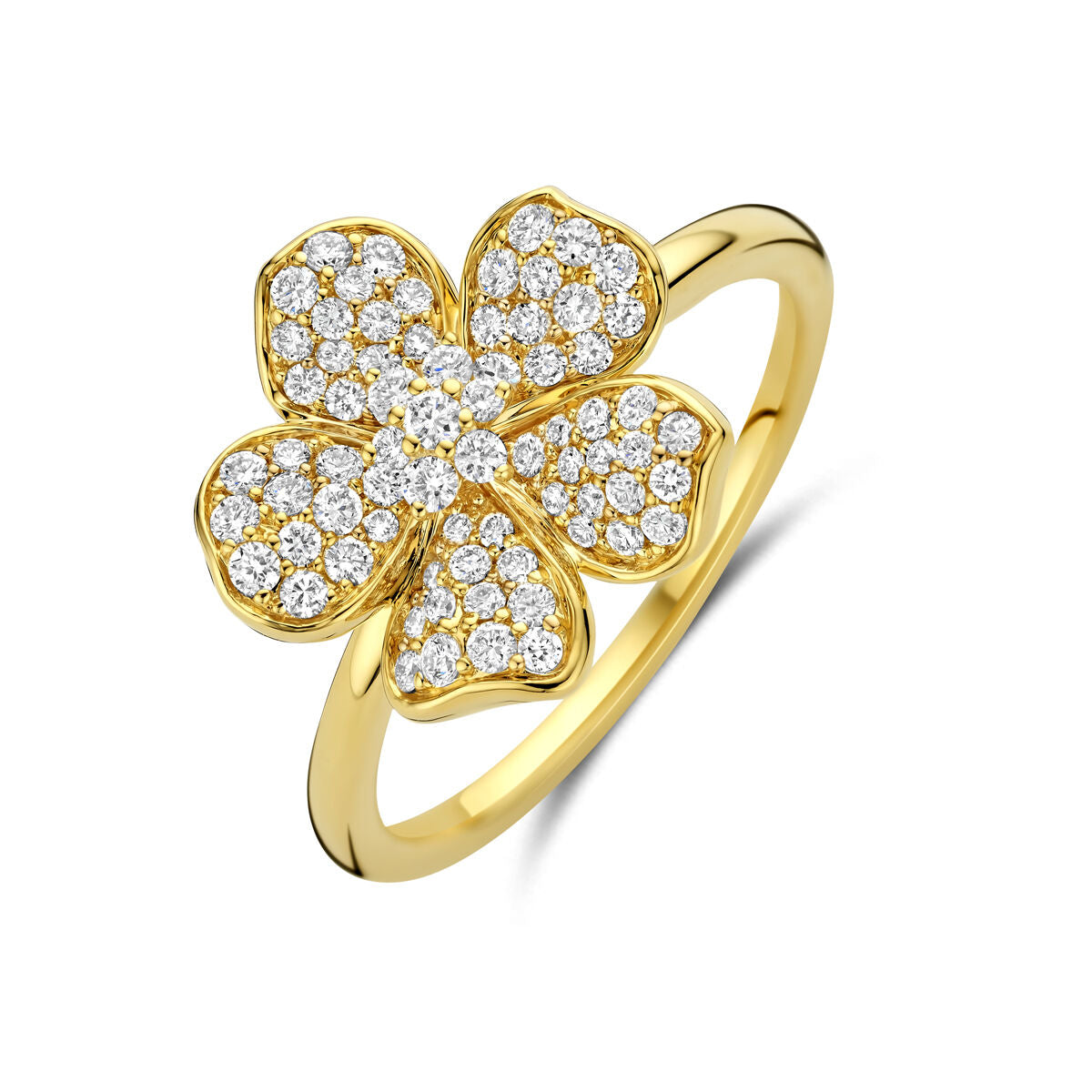 Damenring aus 14k Gelbgold mit blütenförmigem Design und zahlreichen Diamanten