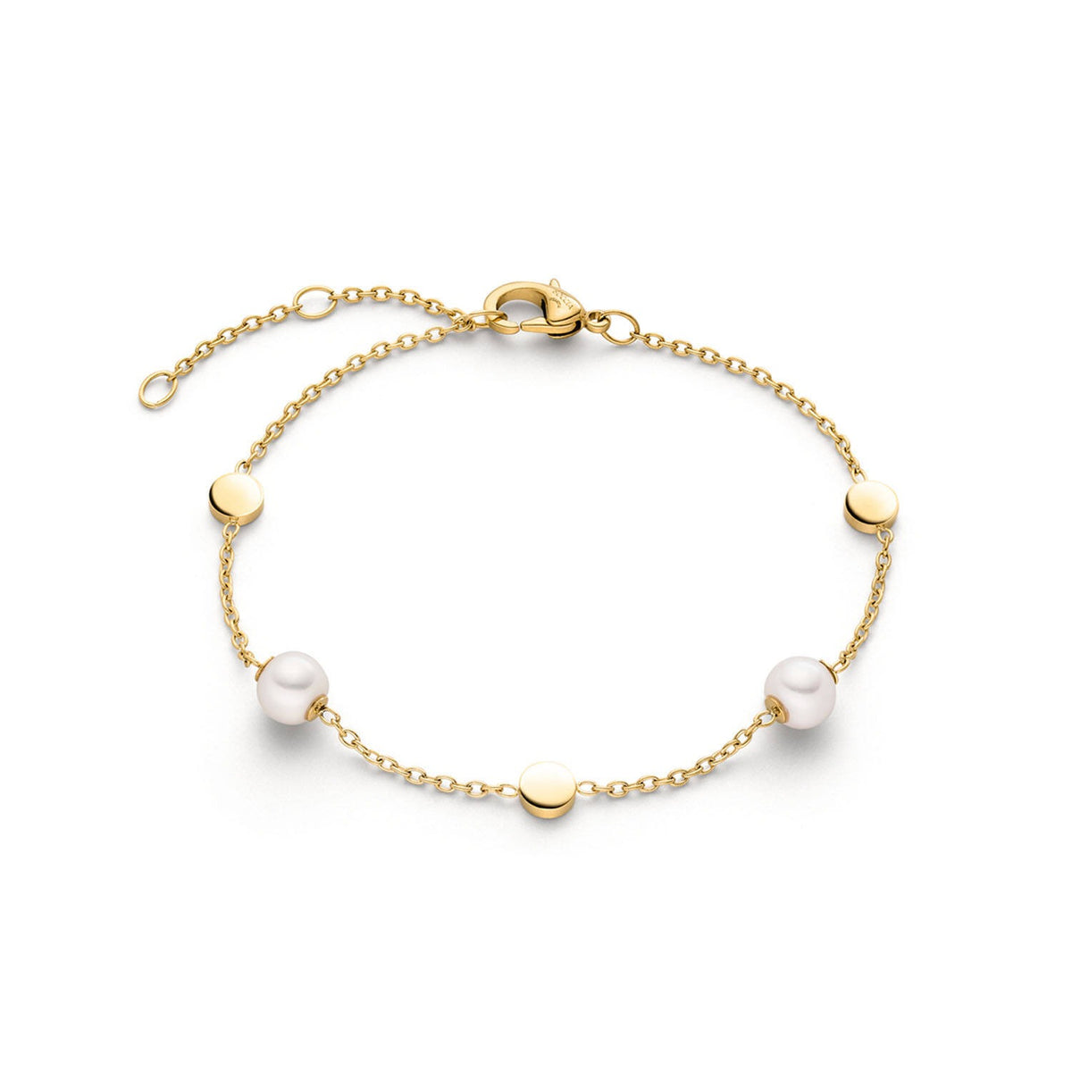 Perlenarmband aus Titan mit goldfarbener Kette, drei weißen Perlen und goldenen Elementen