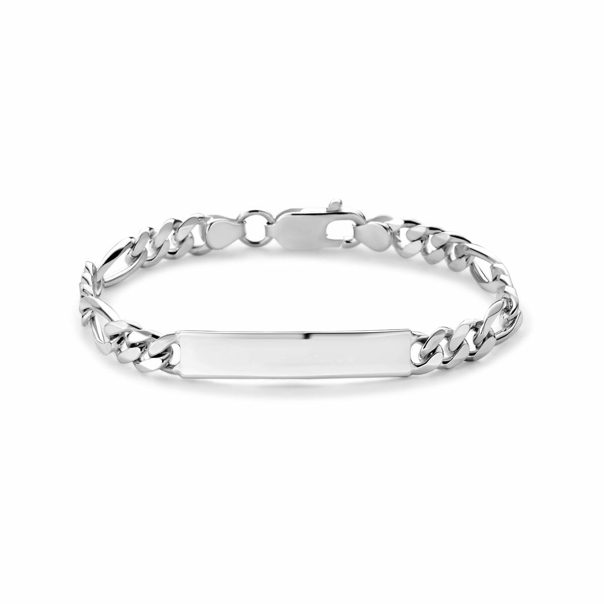 Gravierte Figaro-Armband aus silbernem Edelstahl mit glatter, rechteckiger Platte