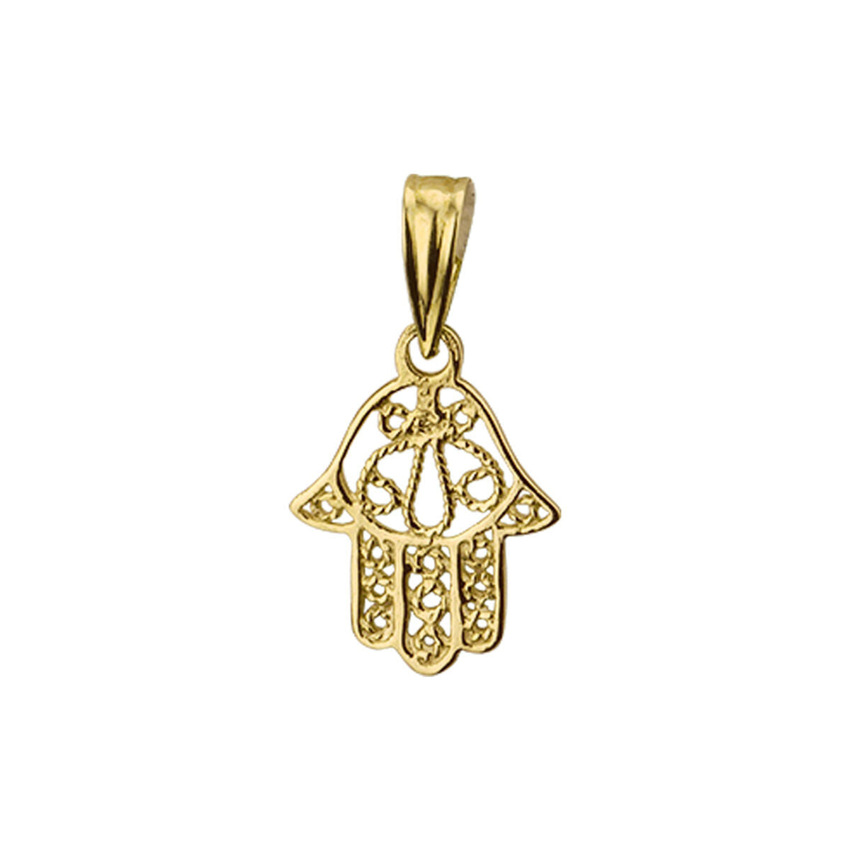 Hänger in Form einer Fatima-Hand aus 14K Gelbgold mit filigranen Details und Ziersteinen