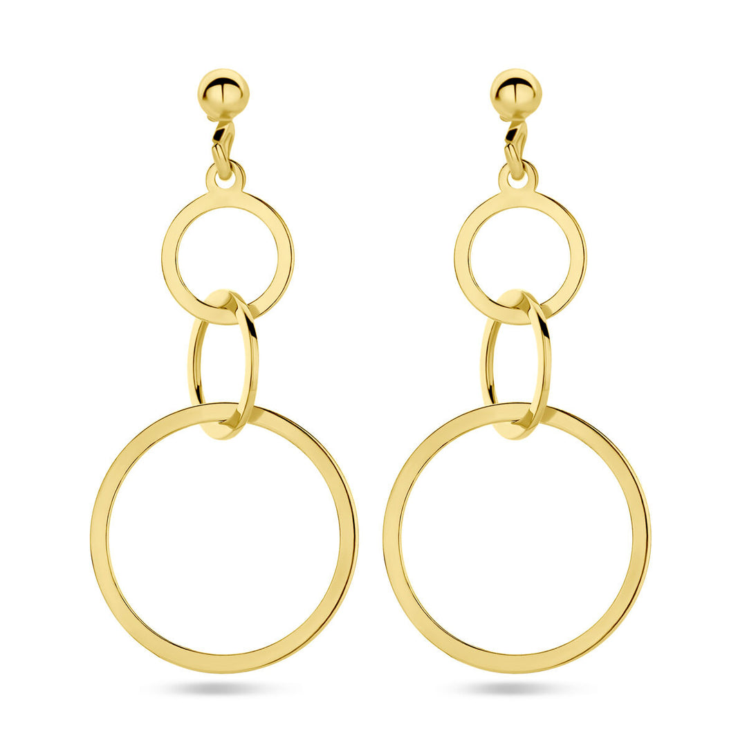 Een paar Van der Kooij Collectie oorhangers cirkels 1 micron zilver verguld (geel), elk met drie in elkaar grijpende open cirkels in verschillende maten voor een moderne en elegante goudkleurige look.