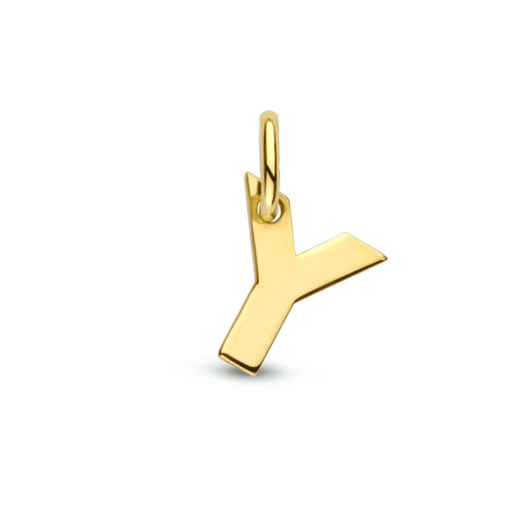 De hangerletter 14K geelgoud uit de Van der Kooij Collectie is een geelgouden Y-vormige hanger met een oogje aan de bovenkant, ideaal voor kettingen of armbanden. Dit stijlvolle exemplaar behoort tot de letterhangerscollectie en wordt afgebeeld op een effen witte achtergrond.