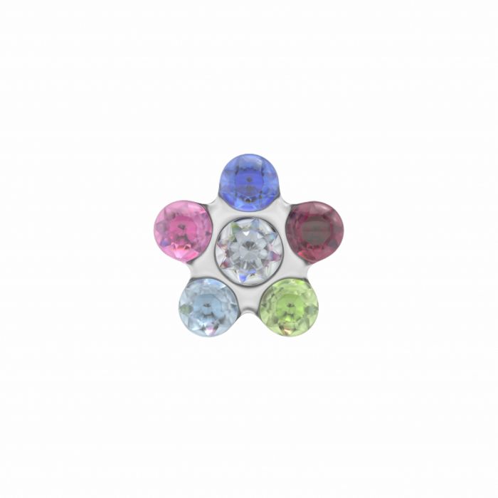 Ohrringe in Blumenform aus Stahl mit bunten Zirkonia-Steinen in Pink, Blau, Grün und Klar.