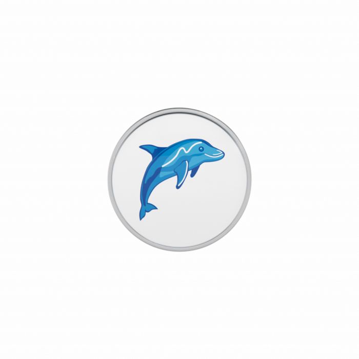 Schlichte Ohrstecker aus Edelstahl mit blauem Delfin-Motiv auf weißem Hintergrund