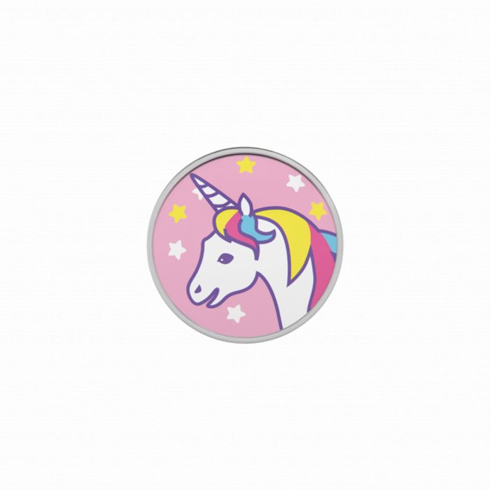 Schlichte Ohrstecker aus Stahl mit einem bunten Einhorn-Motiv auf rosa Hintergrund
