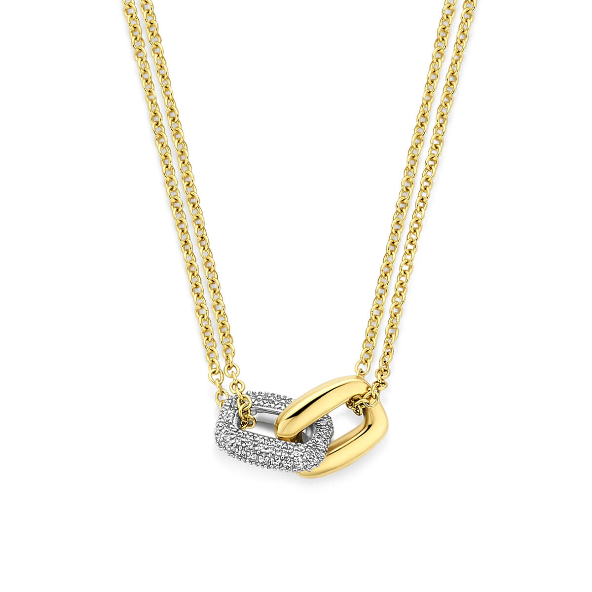 14k Bicolor Goldkette mit diamantbesetztem Anhänger und zwei feinen Ketten in Gelbgold und Weißgold