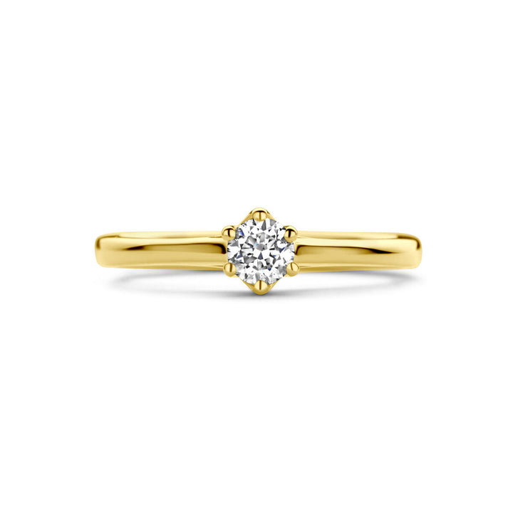 De Van der Kooij Collectie aanzoeksring diamant 0.20ct H SI in 14K geelgoud heeft een klassieke uitstraling en is perfect voor je trouwdag, afgebeeld tegen een witte achtergrond.