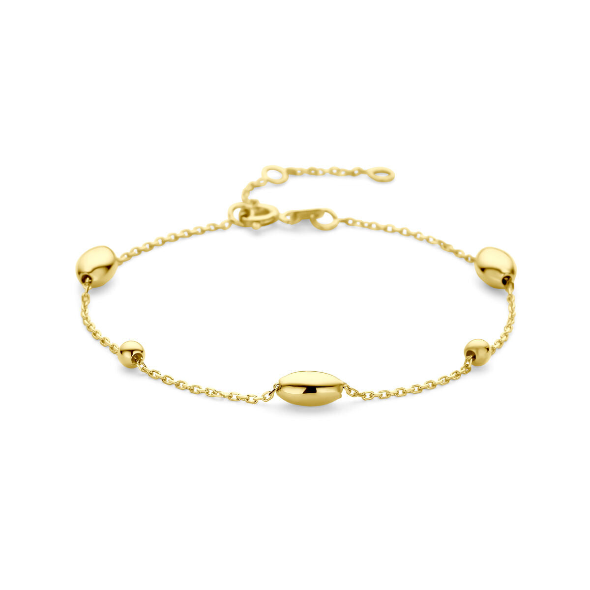 Armband aus 14K Gelbgold mit ovalen und runden Elementen, verstellbar von 16 bis 19 cm