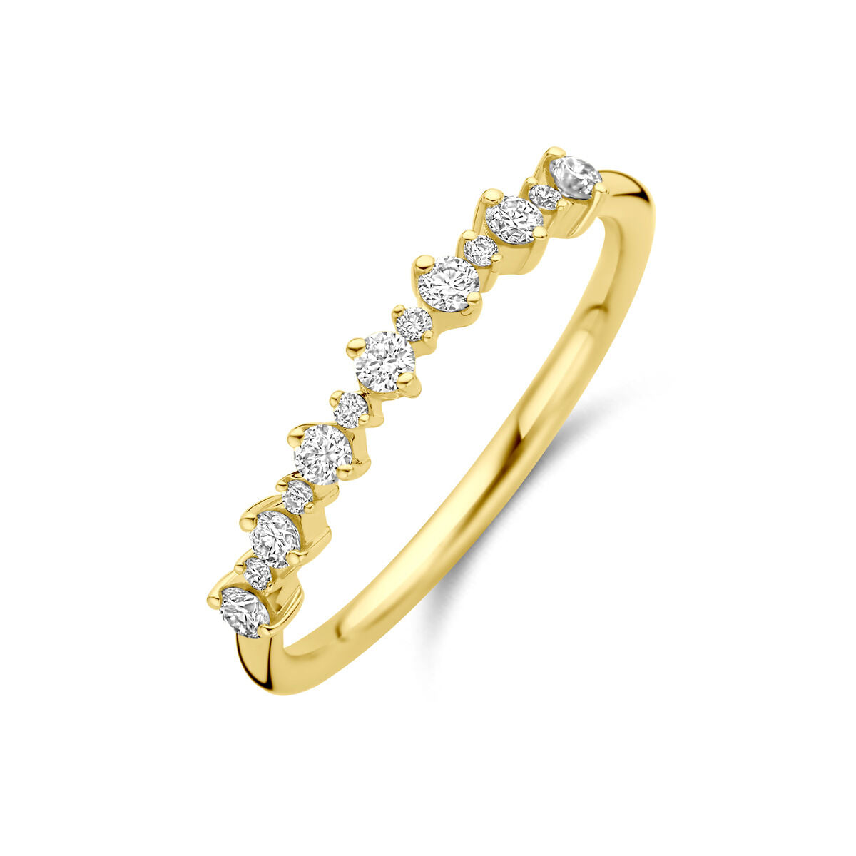 Ring aus 14K Gelbgold mit sieben lab-grown Diamanten, insgesamt 0,23 ct, in versetzter Anordnung