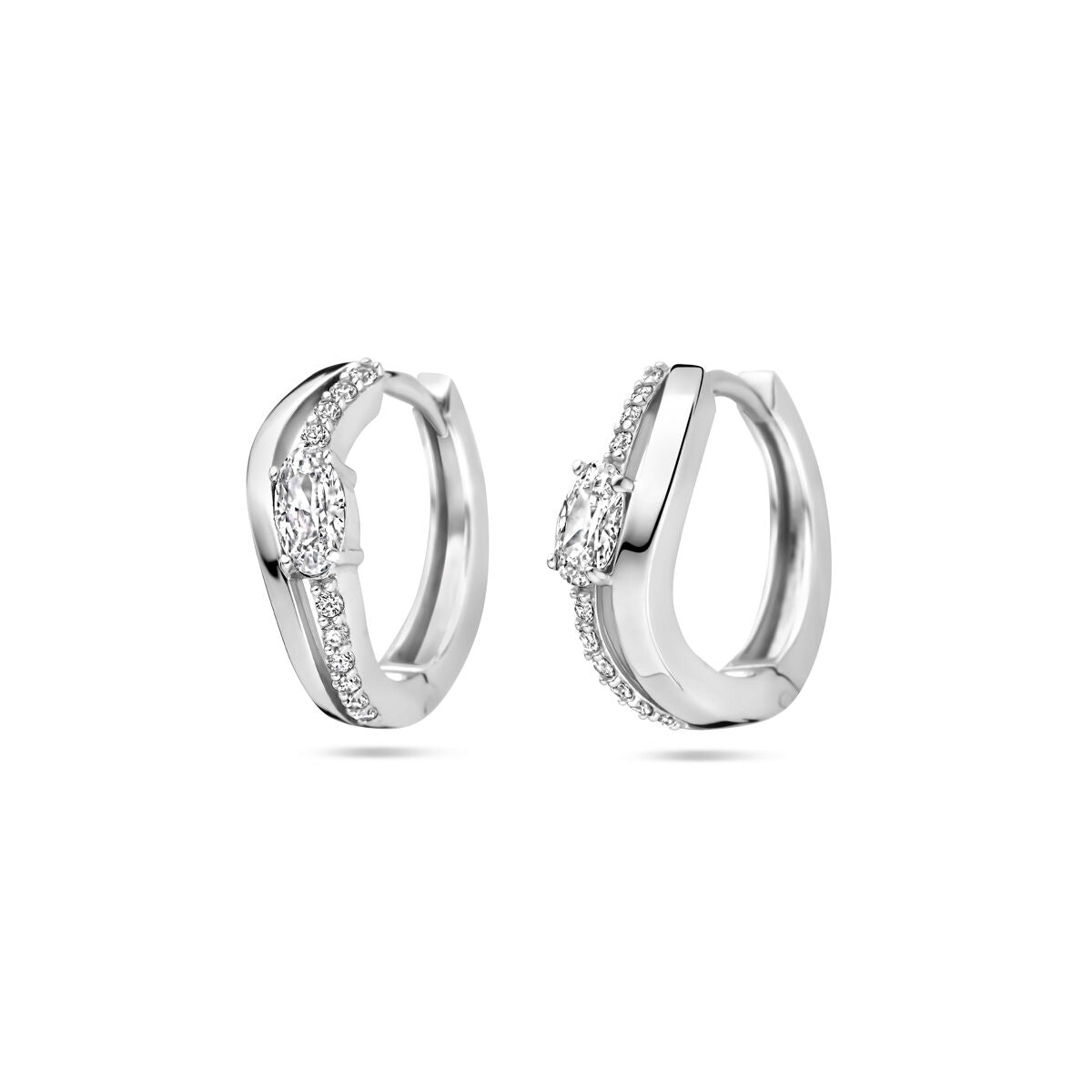 Klapp-Ohrringe aus rhodiniertem Silber mit Zirkonia, 14,5 mm, glänzende Oberfläche und funkelnde Steine