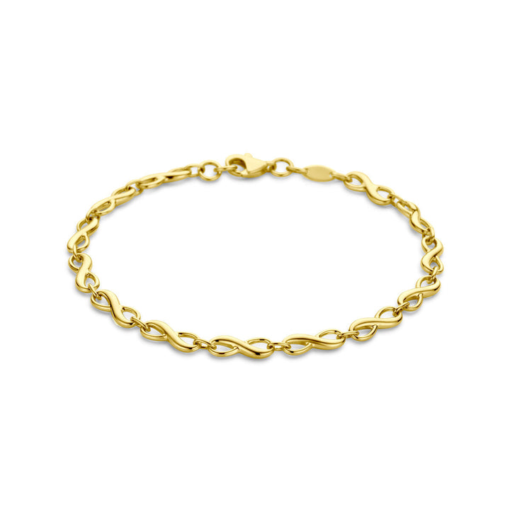 De Gouden armband dames infinity 14K van de Van der Kooij Collectie heeft een in elkaar grijpend infinity schakelpatroon en stevige kreeftsluiting, ideaal als tijdloos vriendschapssieraad op witte achtergrond.