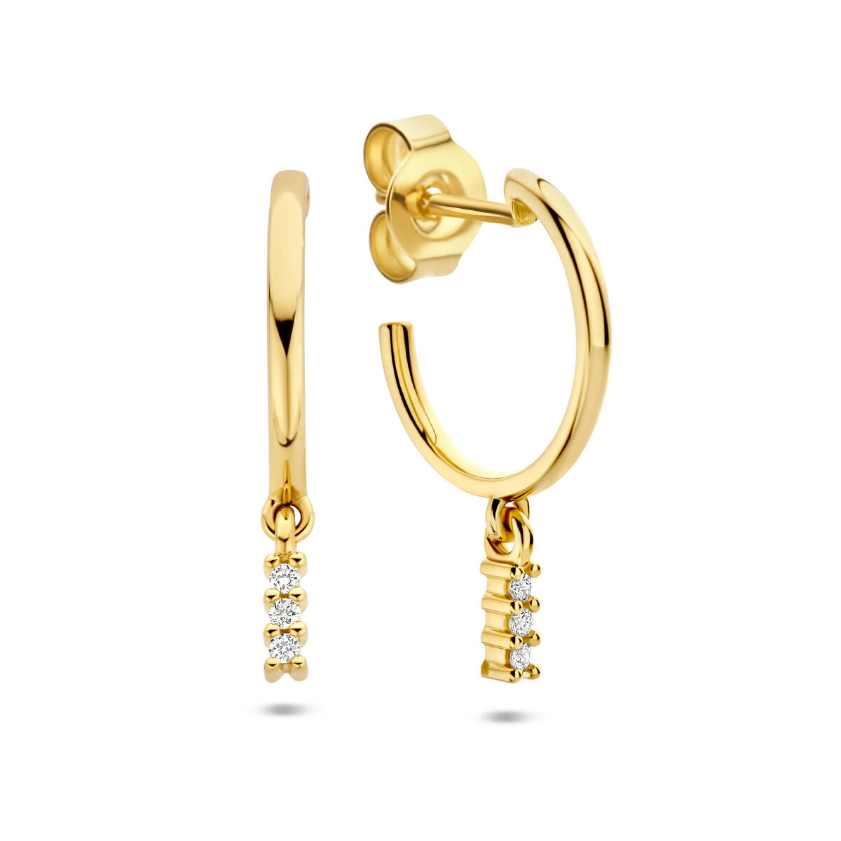Klapp-Ohrringe aus 14K Gelbgold mit drei kleinen Diamanten, insgesamt 0,05 ct, in einer hängenden Anordnung