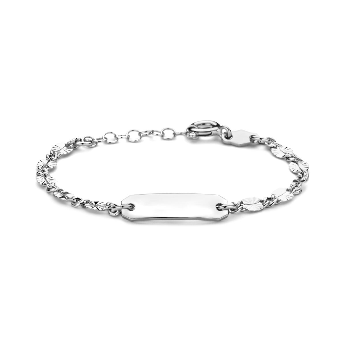 Gravurarmband aus rhodiniertem Silber mit 5,0 mm breiter Platte und 11 + 2 cm Länge