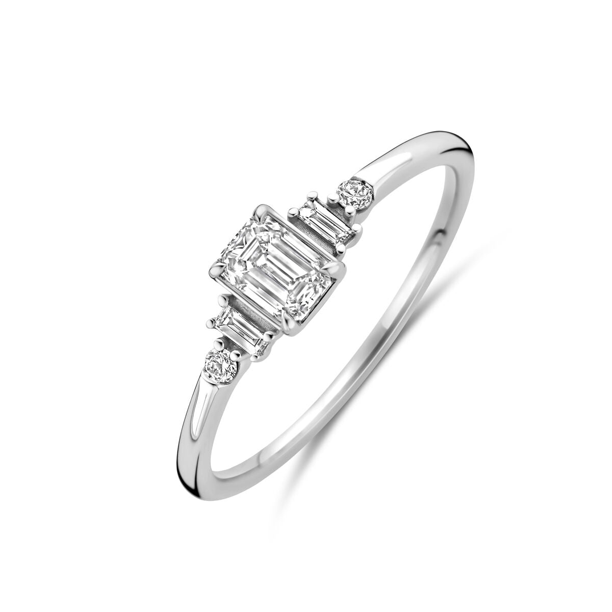 Ring aus 14K Weißgold mit lab-grown Diamant 0,40 ct in rechteckigem Schliff und kleinen Brillanten