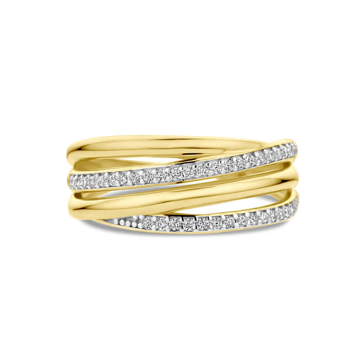 De Van der Kooij Collectie ring zirkonia bicolor gestift 14K geelgoud heeft vier overlappende banden, waarvan twee bezet met fonkelende zirkonia, voor een elegante en moderne look.