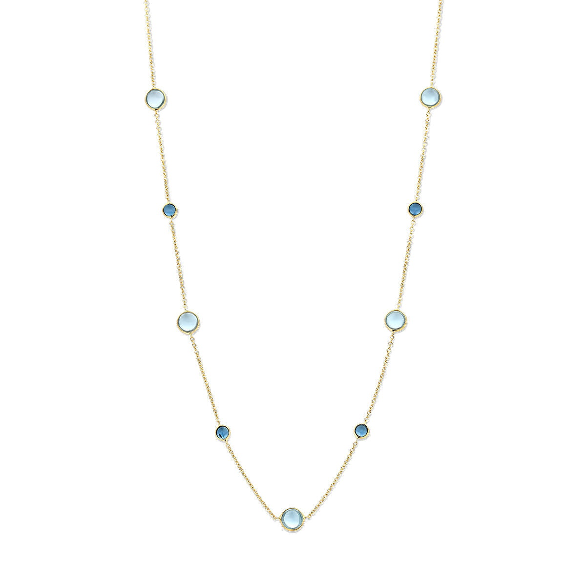 Collier aus 14K Gelbgold mit blauen Topasen und London Blue Topasen, Länge 42-45 cm