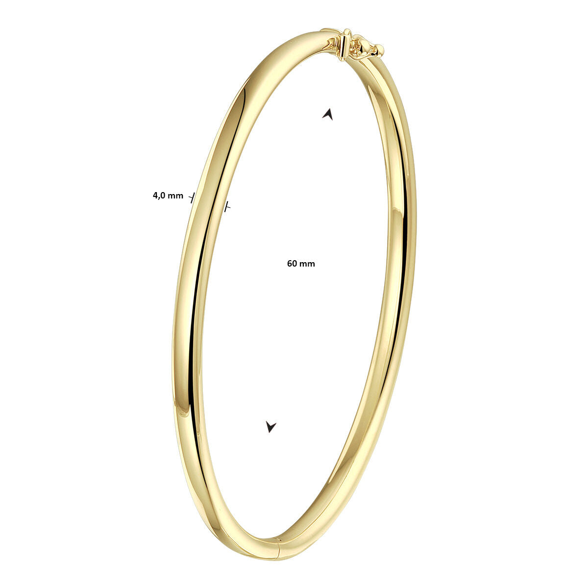 De Van der Kooij Collectie bangle scharnier ovale buis 4,0 mm in 14K geelgoud heeft een gepolijste afwerking en een slank, eenvoudig ontwerp. Hij is verticaal afgebeeld, heeft een diameter van 60 mm en is 4 mm dik.