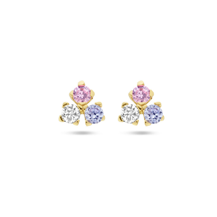 Ohrstecker blau, rosa und weiß Zirkonia 14K Gelbgold