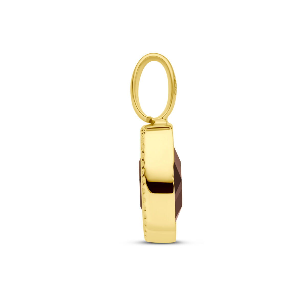 Zijaanzicht van de Van der Kooij Collectie hanger granaat 14K geelgoud voor dames, met een ovale lus en een gefacetteerde granaat edelsteen gezet in het midden, getoond tegen een witte achtergrond.