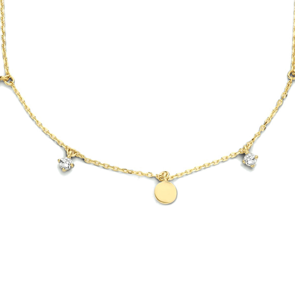 Collier aus 14K Gelbgold mit Zirkonia, Länge 40-42-44 cm, mit runden Anhängern und feiner Kette