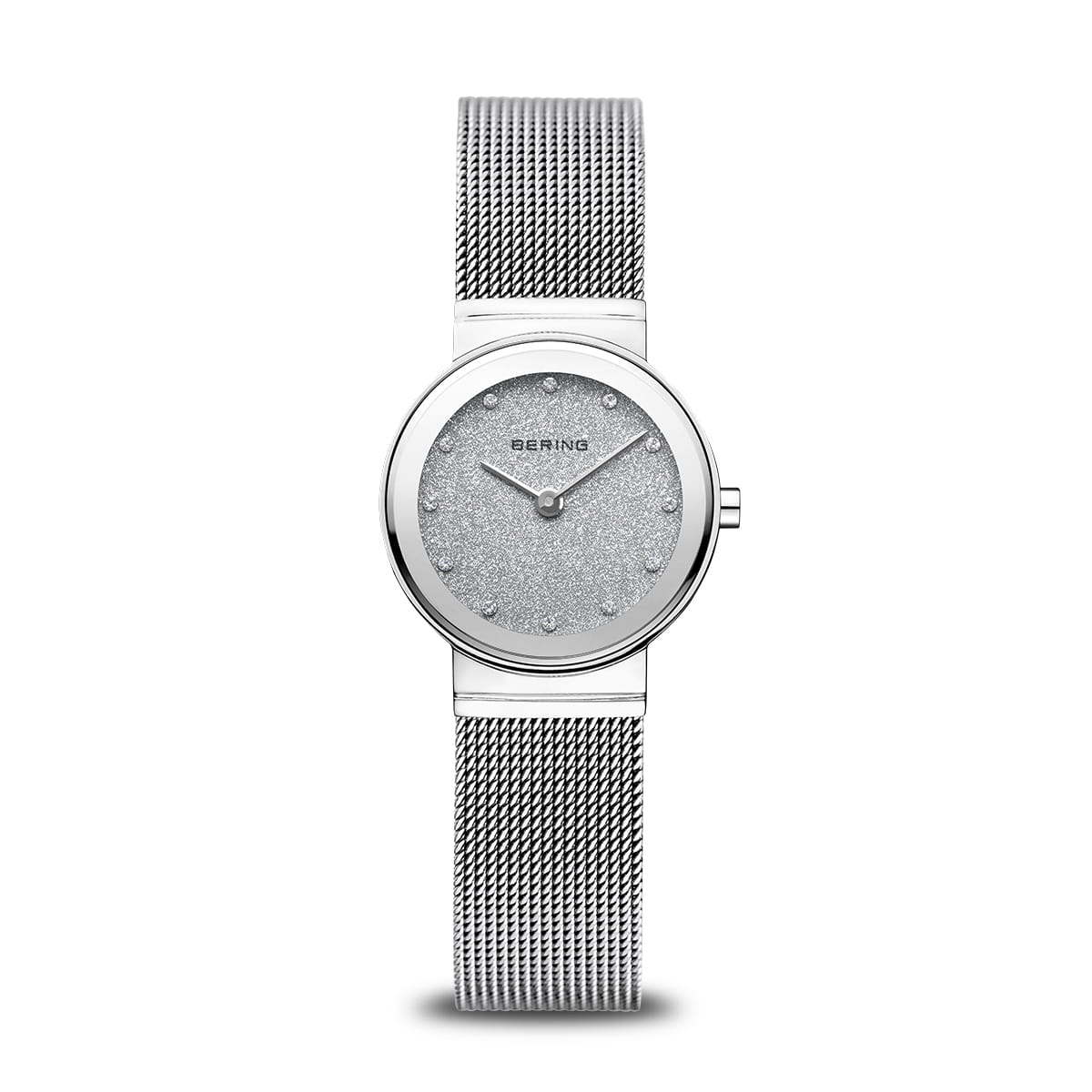 Damenarmbanduhr mit silbernem Gehäuse und Zifferblatt in Stardust-Optik, Mesh-Armband aus Edelstahl