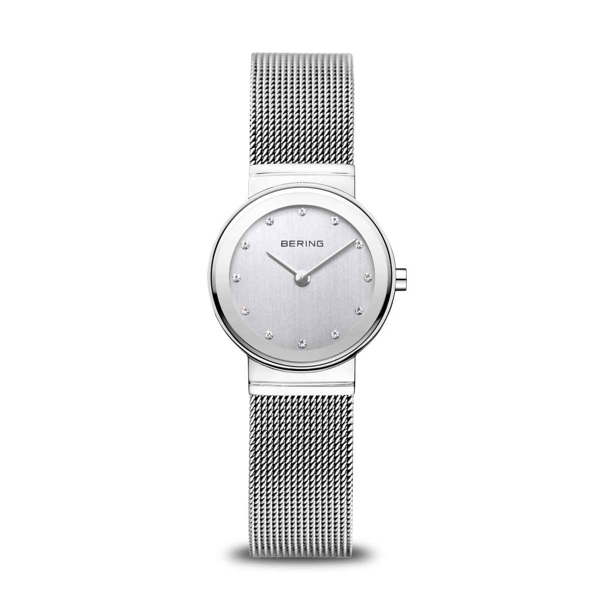 Bering Damenuhr mit silbernem Mesh-Armband und rundem, silbernem Zifferblatt mit Kristallindizes.