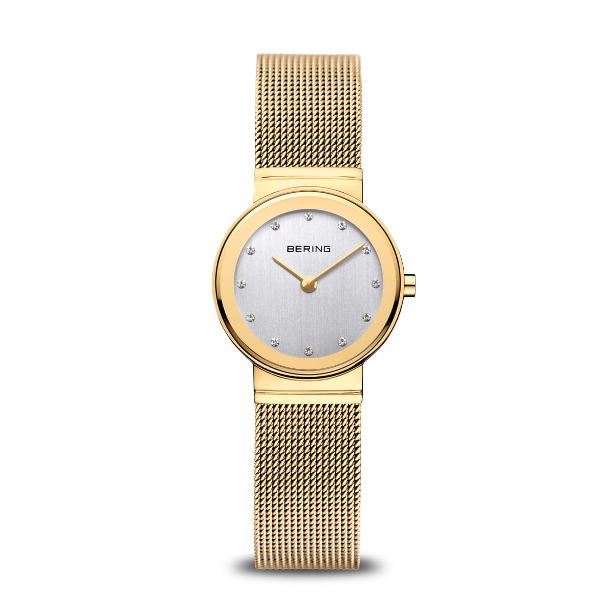 Bering Damenuhr mit goldenem Mesh-Armband und silberfarbenem Zifferblatt mit Kristallindizes.