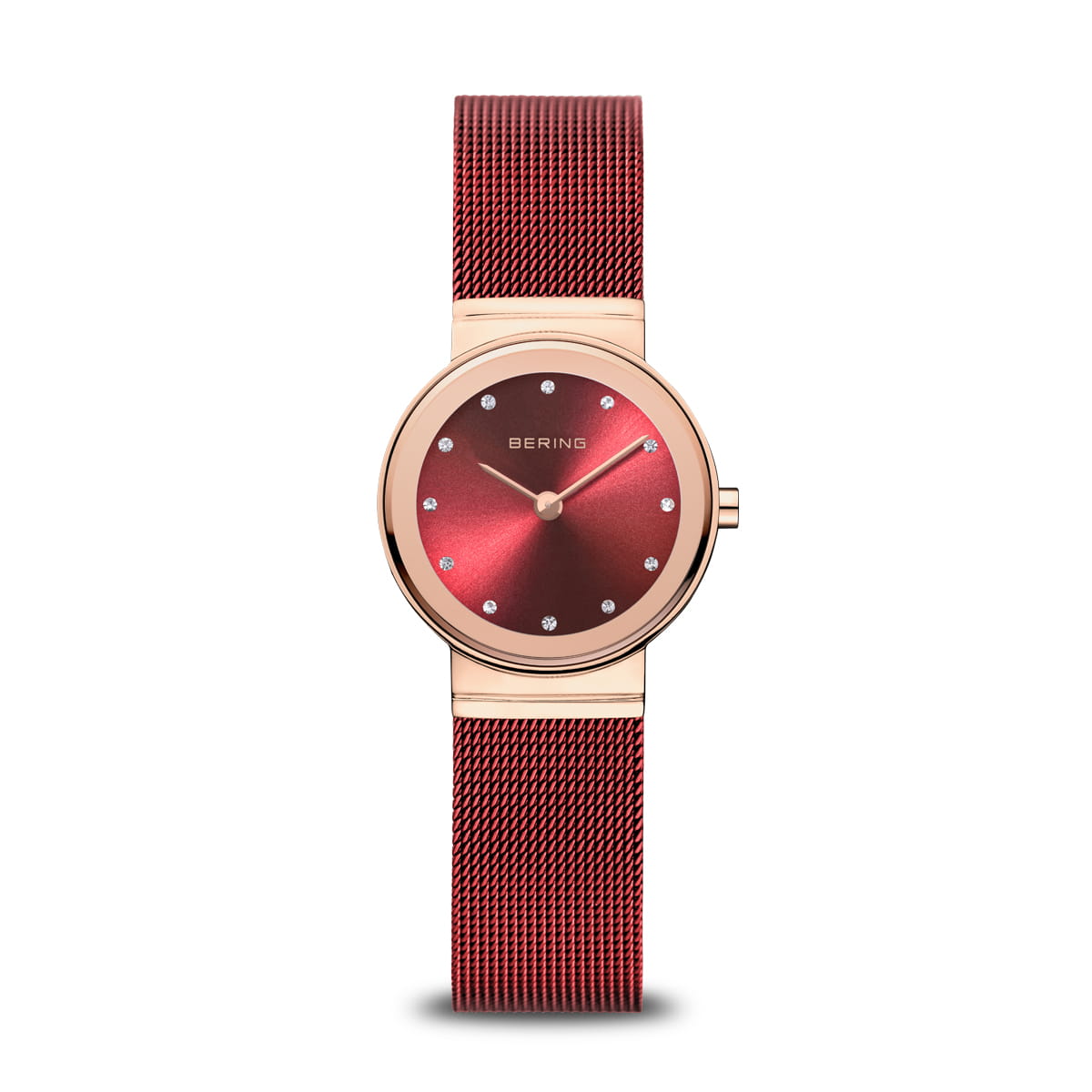 Bering Damenuhr mit roségoldenem Gehäuse, rotem Mesh-Armband und rotem Zifferblatt mit Kristallindizes.