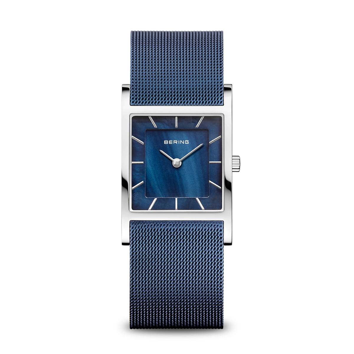 Damenarmbanduhr mit blauem Zifferblatt und silbernem Gehäuse, ausgestattet mit einem blauen Mesh-Armband