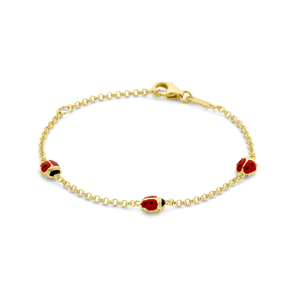 Armband aus 14K Gelbgold mit roten Marienkäfern und feiner Gliederkette