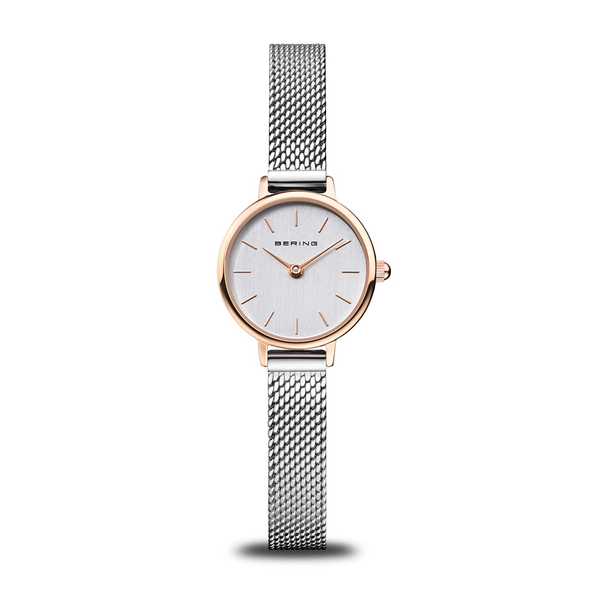 Damenarmbanduhr mit silbernem Zifferblatt und roségoldenem Gehäuse, Mesh-Armband aus Edelstahl