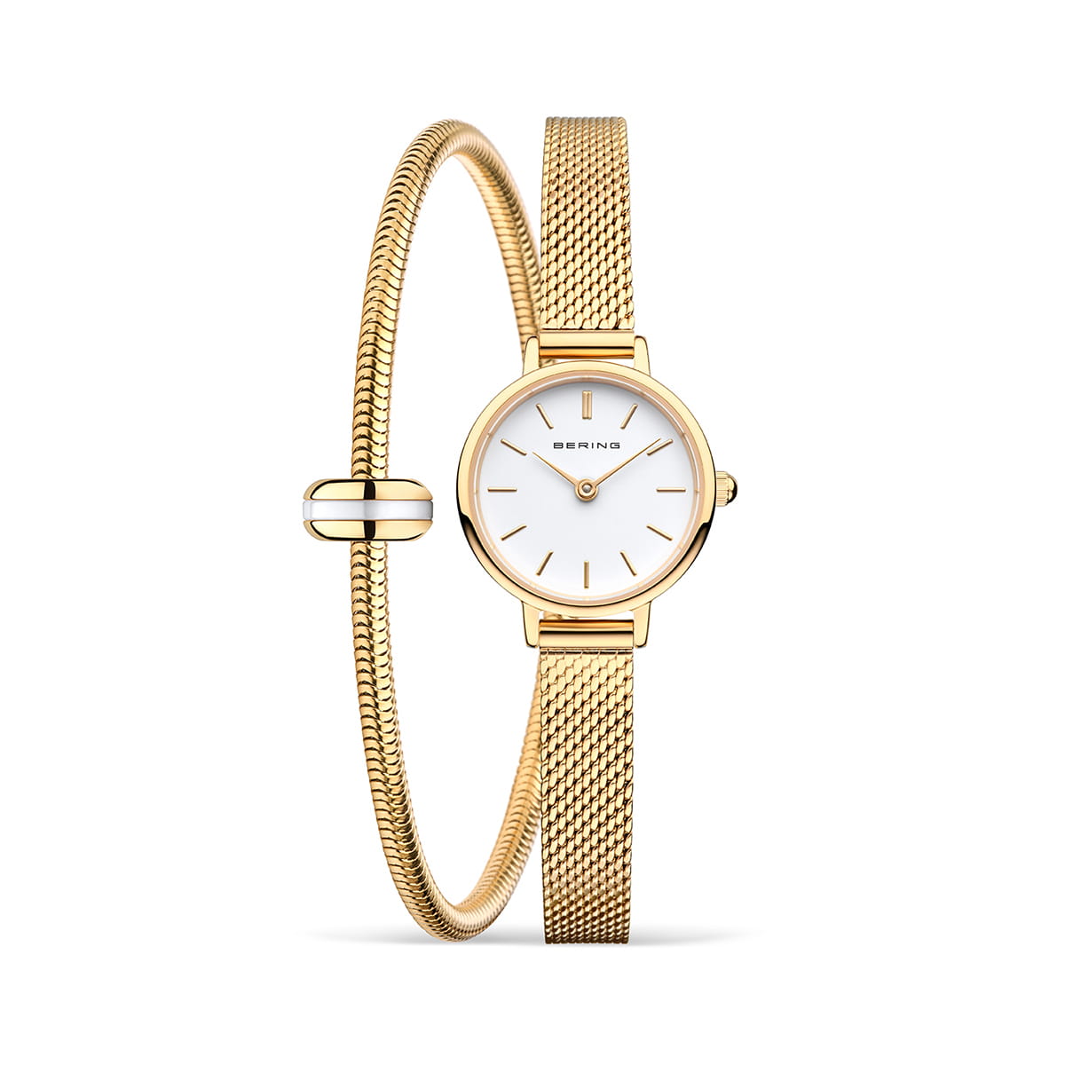 Uhr mit goldenem Gehäuse und weißem Zifferblatt, kombiniert mit goldenem Mesh-Armband