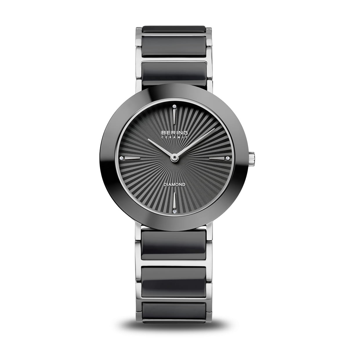 Uhr mit schwarzem Zifferblatt, Edelstahl-Gehäuse und schwarzem Armband aus Keramik.