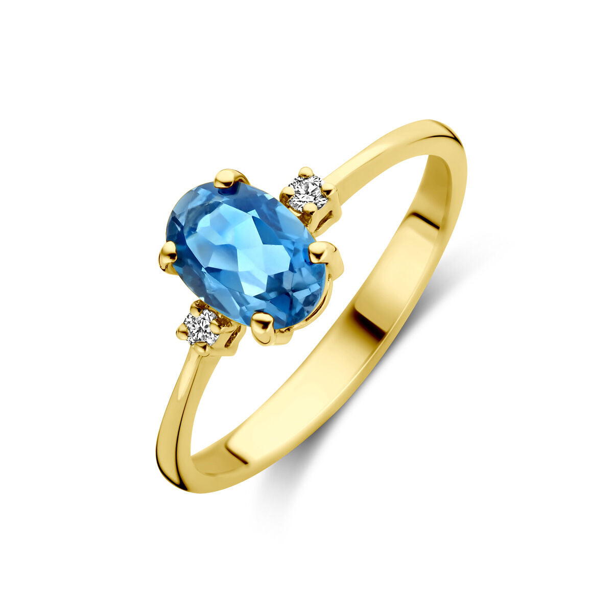 Ring aus 14K Gelbgold mit ovalem London Blue Topas und zwei kleinen Diamanten
