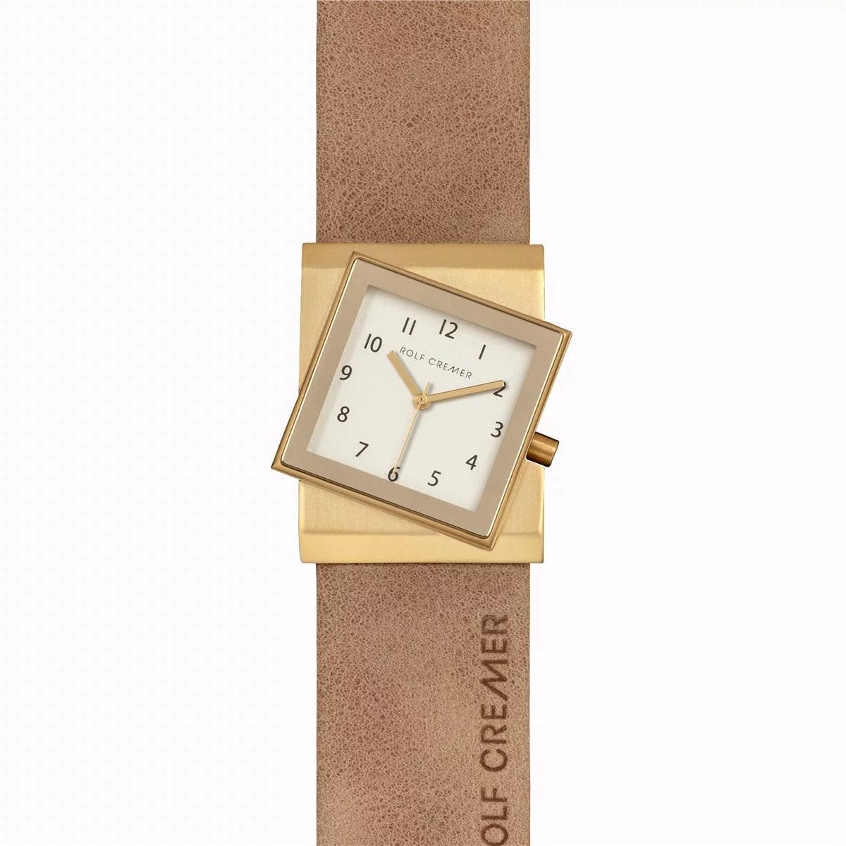 Quadratische Uhr mit goldenem Gehäuse, beigem Zifferblatt und braunem Lederarmband