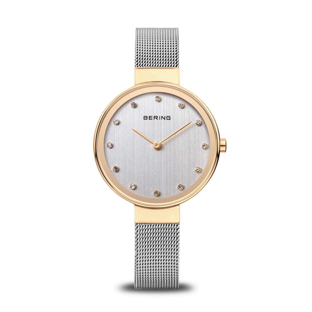 Damenarmbanduhr mit silbernem Zifferblatt, goldfarbenem Gehäuse und Mesh-Armband