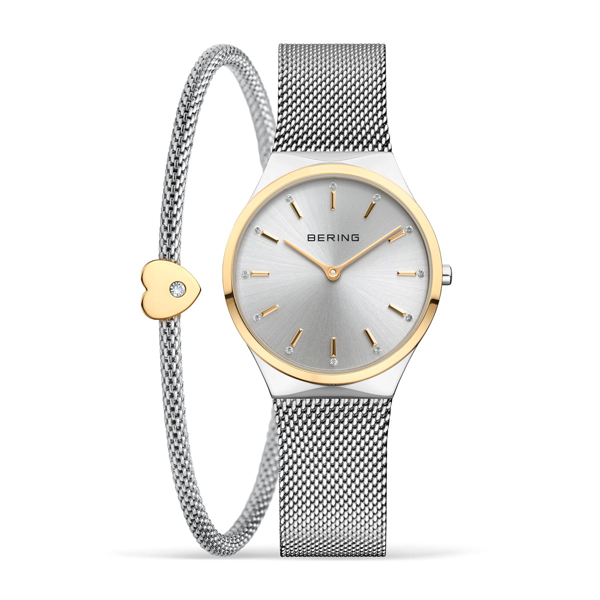 Damenarmbanduhr mit silbernem Zifferblatt, Mesh-Armband und goldfarbener Lünette