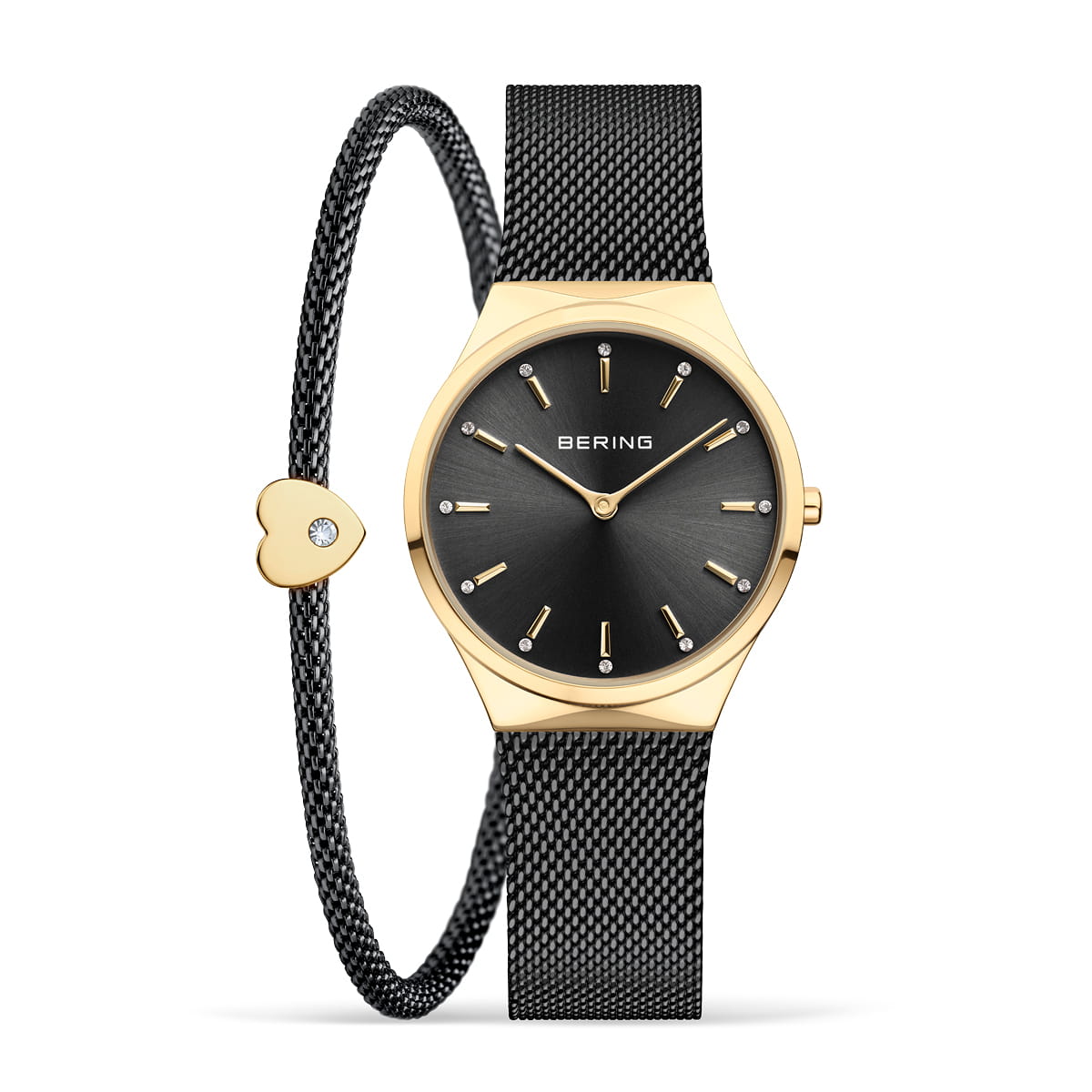 Damenarmbanduhr mit schwarzem Zifferblatt, goldfarbenem Gehäuse und schwarzem Mesh-Armband.