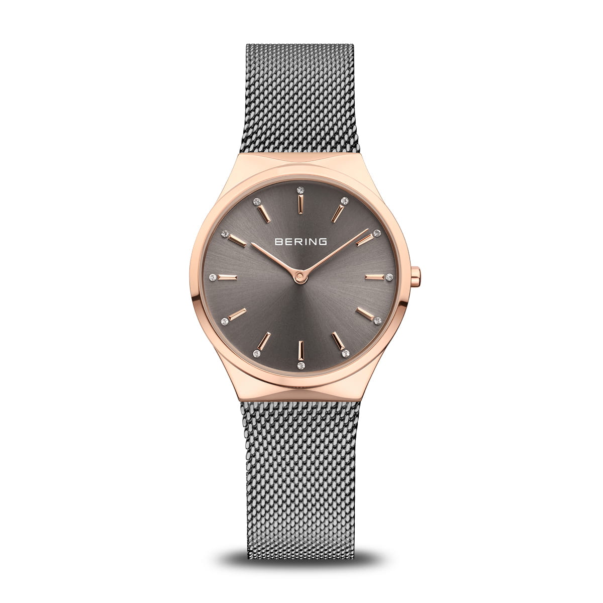 Uhr mit grauem Zifferblatt und rosegoldenem Gehäuse, ausgestattet mit einem Mesh-Armband
