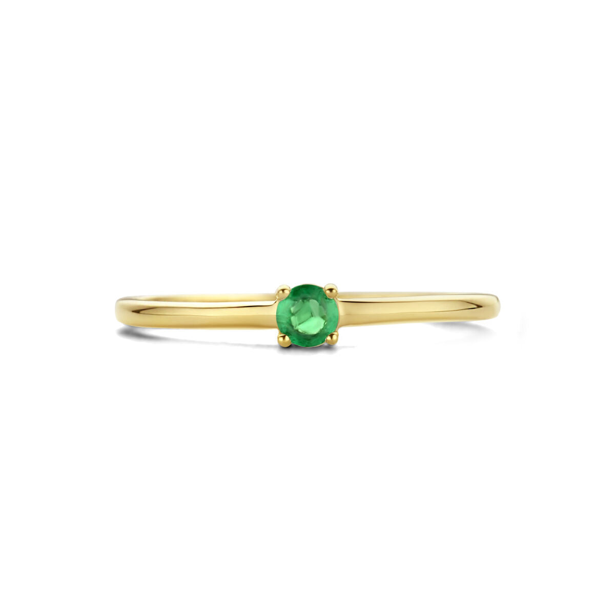 Van der Kooij Collectie ring met geboortesteen smaragd mei in 14K geelgoud, met een briljant geslepen ronde smaragd en een elegante, ronde band.