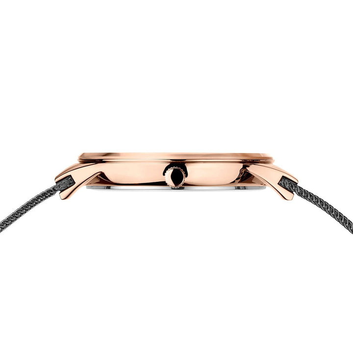 Zijaanzicht van het 12934-369 Bering dameshorloge met een roségouden kast en een zwarte geweven band. De quartz-uurwerkkroon centreert de verborgen wijzerplaat. Het is slank en modern elegant.